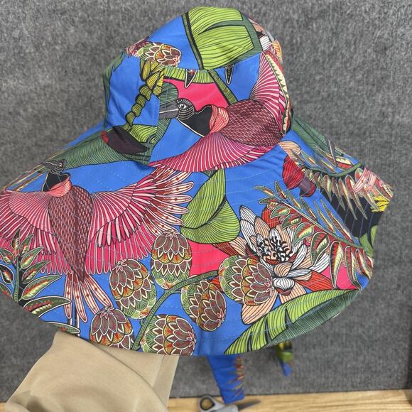 Farm Rio Hat One Size Tropical Bird Floral Sun Hat Wide Brim Chin Strap Boho
